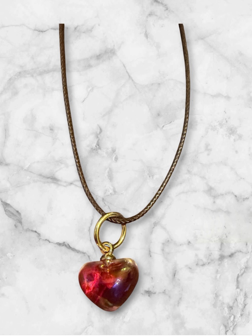 Gold Heart Pendant Necklace with Red Iridescent Glass Charm